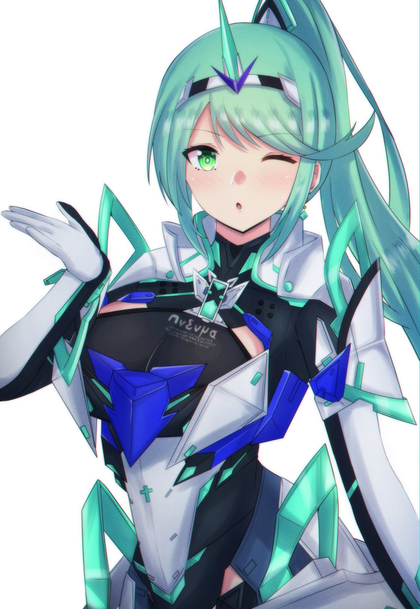 1girl :o absurdres armor bangs blowing_kiss circlet earrings gloves green_eyes green_hair highres jewelry latte long_hair one_eye_closed open_mouth pneuma_(xenoblade) ponytail simple_background solo white_background white_gloves xenoblade_chronicles_(series) xenoblade_chronicles_2