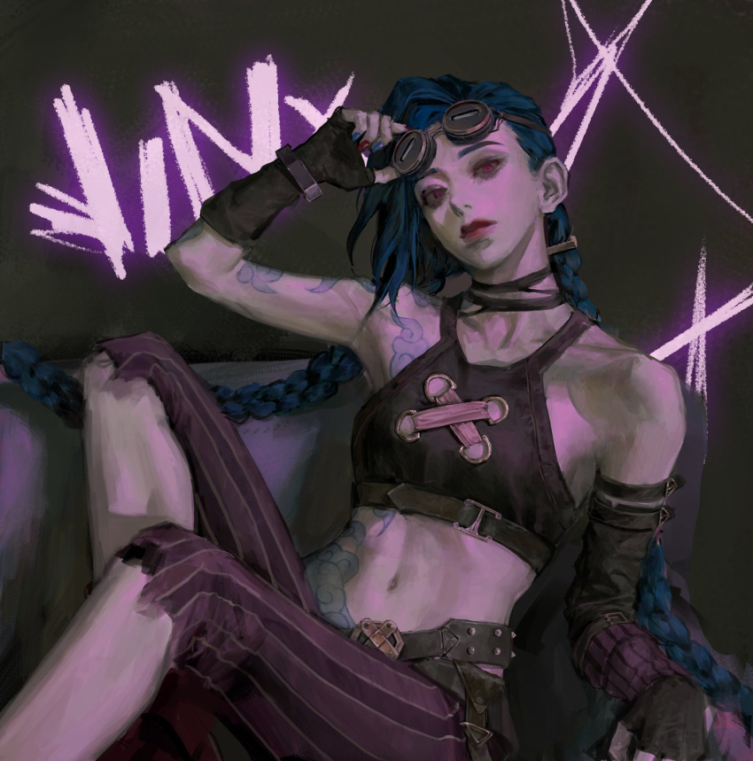 1girl arcane:_league_of_legends ateli_er bare_shoulders blue_hair braid breasts chair commentary_request feet_out_of_frame full_body gloves highres jinx_(league_of_legends) league_of_legends long_hair looking_at_viewer sitting small_breasts solo tattoo thigh-highs twin_braids