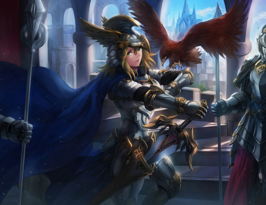 1girl 2others absurdres animal_on_arm armor bird bird_on_arm blonde_hair blue_cape cape castle cloak closed_mouth fantasy full_armor green_eyes hair_between_eyes helmet highres knight looking_at_viewer medium_hair multiple_others original scenery sheath standing sword weapon y.m