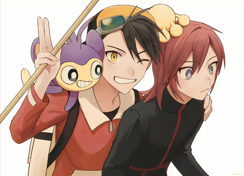 2boys aipom backwards_hat bangs baseball_cap black_jacket black_shirt bright_pupils closed_mouth ethan_(pokemon) goggles goggles_on_headwear grey_eyes grin hair_between_eyes hand_on_another's_shoulder hat highres holding jacket long_hair male_focus multiple_boys on_shoulder one_eye_closed pokemon pokemon_(creature) pokemon_adventures pokemon_on_shoulder red_jacket redhead shirt silber_1224 silver_(pokemon) smile white_pupils yellow_eyes zipper_pull_tab