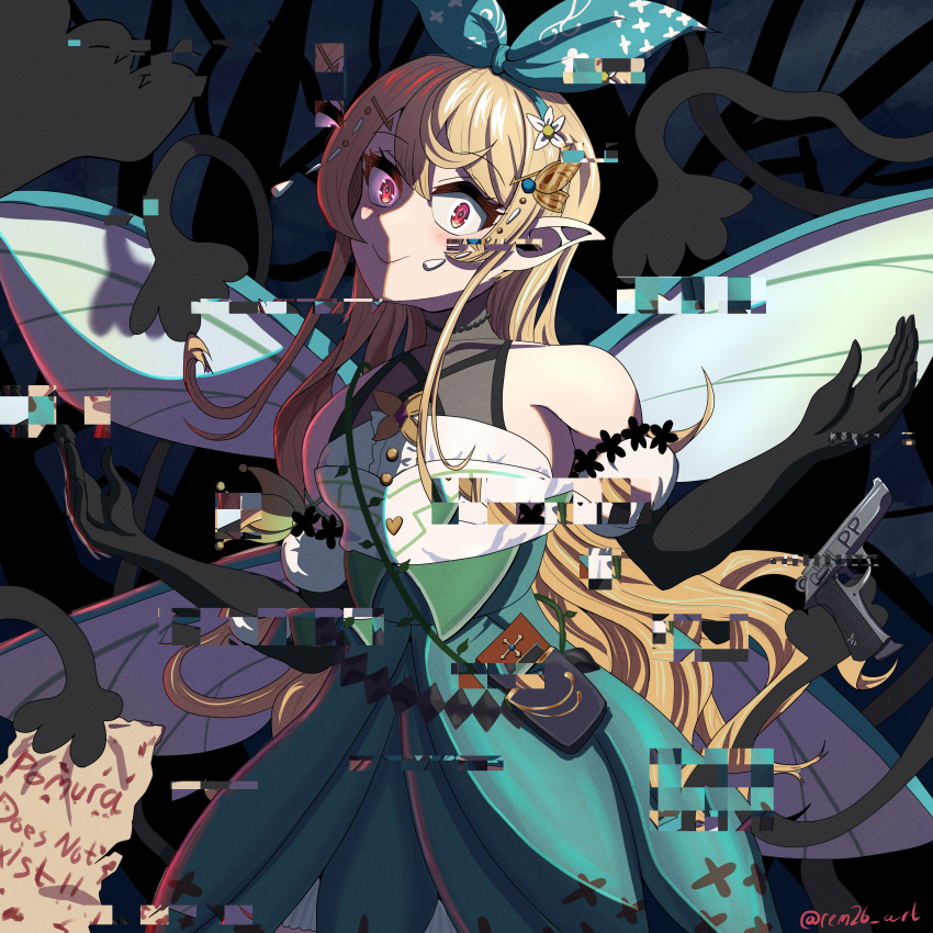 1girl absurdres bangs bare_shoulders blonde_hair blush bow butterfly_hair_ornament commentary constricted_pupils dress elbow_gloves english_commentary english_text fairy fairy_wings fyretrck26 glitch gloves glowing glowing_eyes green_dress gun hair_bow hair_ornament halloween handgun highres long_arms long_hair looking_at_viewer nijisanji nijisanji_en paper pistol pointy_ears pomu_rainpuff red_eyes shadow smile solo twitter_username virtual_youtuber weapon wings