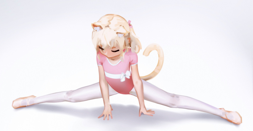 1girl absurdres animal_ear_fluff animal_ears arm_support athletic_leotard ballerina ballet ballet_slippers blonde_hair borrowed_character cat_ears cat_girl cat_tail closed_eyes flexible full_body highres leaning_forward legs legs_apart leotard long_hair original pantyhose parfait_(hawawa) pink_leotard ponytail short_sleeves simple_background solo split sweetonedollar tail thighs white_background white_legwear