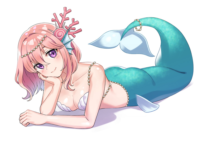 1girl blush closed_eyes collarbone commentary_request fins hair_between_eyes hair_ornament hand_on_own_cheek hand_on_own_face head_fins highres inari_hisato jewelry looking_at_viewer lying mermaid monster_girl on_stomach original pearl_(gemstone) pink_hair shell shell_bikini short_hair smile solo