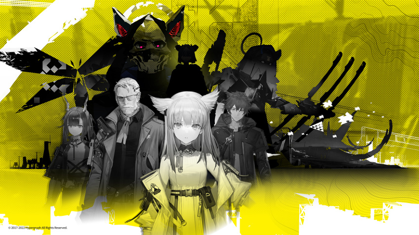 2boys 2girls animal_ears arknights arknights:_endfield beard buttons cat_ears commentary concept_art dragon_horns dress english_commentary extra_ears facial_hair glasses halftone halftone_background highres hood hood_down hooded_jacket horns jacket looking_at_viewer monochrome multiple_boys multiple_girls mustache neckerchief off_shoulder official_art open_clothes open_jacket oripathy_lesion_(arknights) perlica_(arknights) shirt short_hair sleeveless sleeveless_dress upper_body yellow_theme