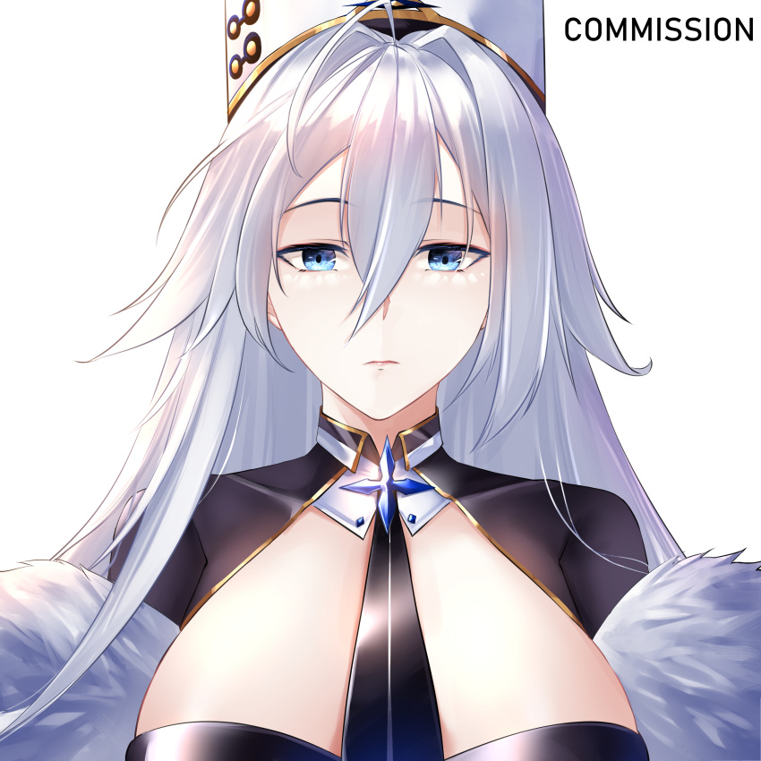 1girl absurdres azur_lane bangs between_breasts black_necktie blue_eyes breasts closed_mouth coat coat_dress commission dress eyebrows_visible_through_hair feather_boa highres irkawaza large_breasts lips long_hair looking_at_viewer necktie necktie_between_breasts papakha silver_hair solo sovetsky_soyuz_(azur_lane) upper_body white_background white_coat white_dress white_headwear
