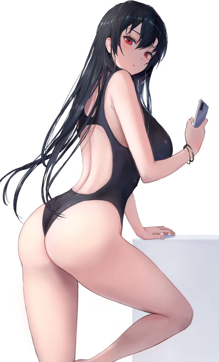 1girl :/ absurdres ass back back_cutout bangs black_hair black_swimsuit bracelet cellphone closed_mouth clothing_cutout cowboy_shot earrings from_side hair_between_eyes highres holding holding_phone hoop_earrings jewelry leaning_forward long_hair looking_at_viewer one-piece_swimsuit original phone pigone red_eyes simple_background smartphone solo straight_hair swimsuit thighs white_background