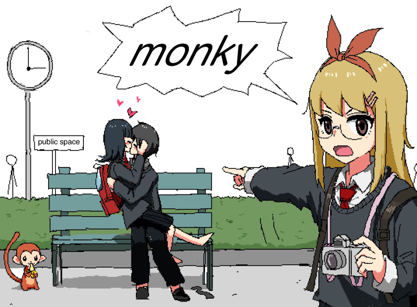 1boy 2girls aiu404l backpack bag banana bench black_eyes black_hair blonde_hair food fruit glasses hairband heart hetero highres holding holding_food kiss long_hair long_sleeves monkey multiple_girls necktie open_mouth original pointing_at_another red_necktie short_hair sitting speech_bubble