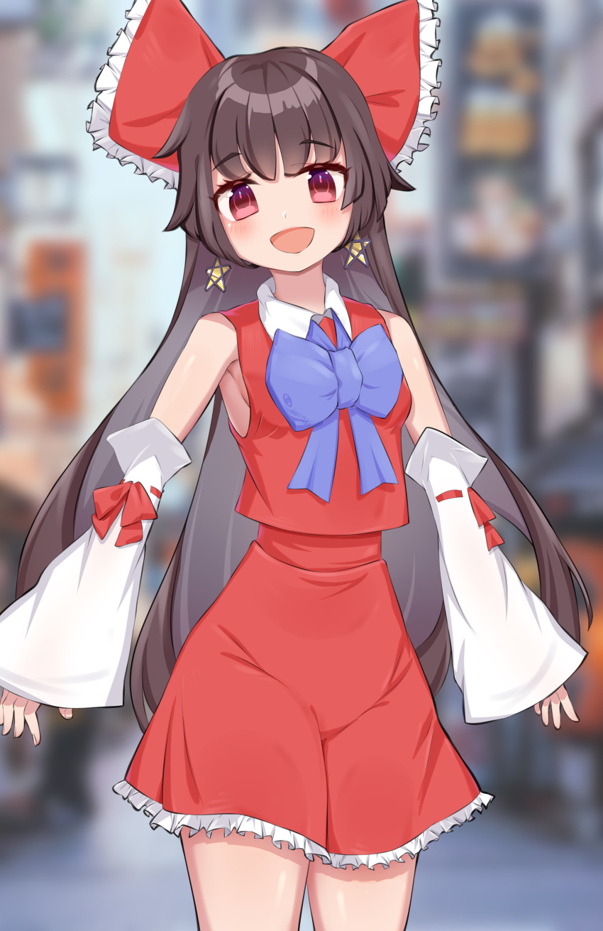 1girl :d absurdres alternate_neckwear amite-faust bangs bare_shoulders blue_bow blue_bowtie blunt_bangs blurry blurry_background blush bow bowtie breasts brown_hair cowboy_shot detached_sleeves earrings eyebrows_visible_through_hair frilled_bow frills hair_bow hakurei_reimu highres jewelry long_hair long_sleeves looking_at_viewer open_mouth outdoors petticoat pink_eyes red_bow red_skirt red_vest sideboob skirt skirt_set sleeves_past_wrists small_breasts smile solo star_(symbol) star_earrings touhou very_long_hair vest wing_collar