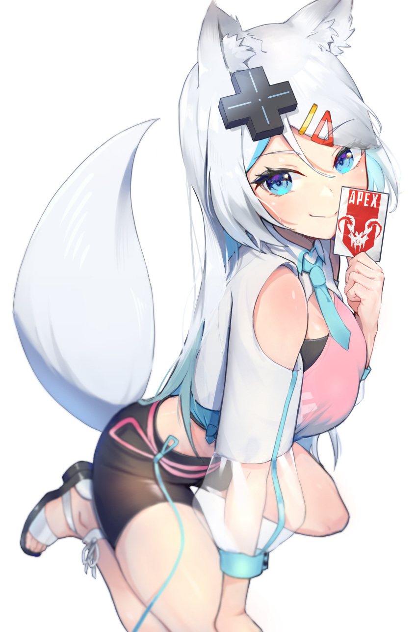 1girl absurdres animal_ears ankle_strap apex_legends bangs bare_legs black_shorts blue_eyes blue_necktie breasts card center_opening closed_mouth clothing_cutout commentary_request copyright_name eyebrows_visible_through_hair eyelashes feet forehead fox_ears fox_girl fox_tail grey_hair hair_ornament hand_up highres holding holding_card large_breasts legs_folded long_hair long_sleeves looking_at_viewer necktie original oukafafafa pants parted_bangs puffy_long_sleeves puffy_sleeves see-through_sleeves shorts smile solo spread_legs squatting tail tail_raised tight tight_pants v-shaped_eyebrows virtual_youtuber white_hair