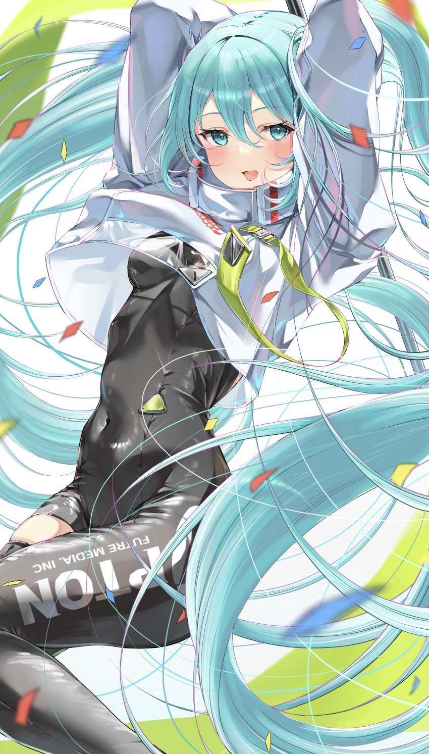 1girl :d absurdres arms_up banner black_bodysuit black_legwear blue_eyes blue_hair blush bochibochi_(gyuuniku_6000) bodysuit breasts clothes_writing confetti covered_navel crop_top hatsune_miku highres long_hair long_sleeves looking_at_viewer medium_breasts open_mouth racing_miku_(2022) see-through simple_background single_thighhigh skindentation smile solo thigh-highs twintails very_long_hair white_background