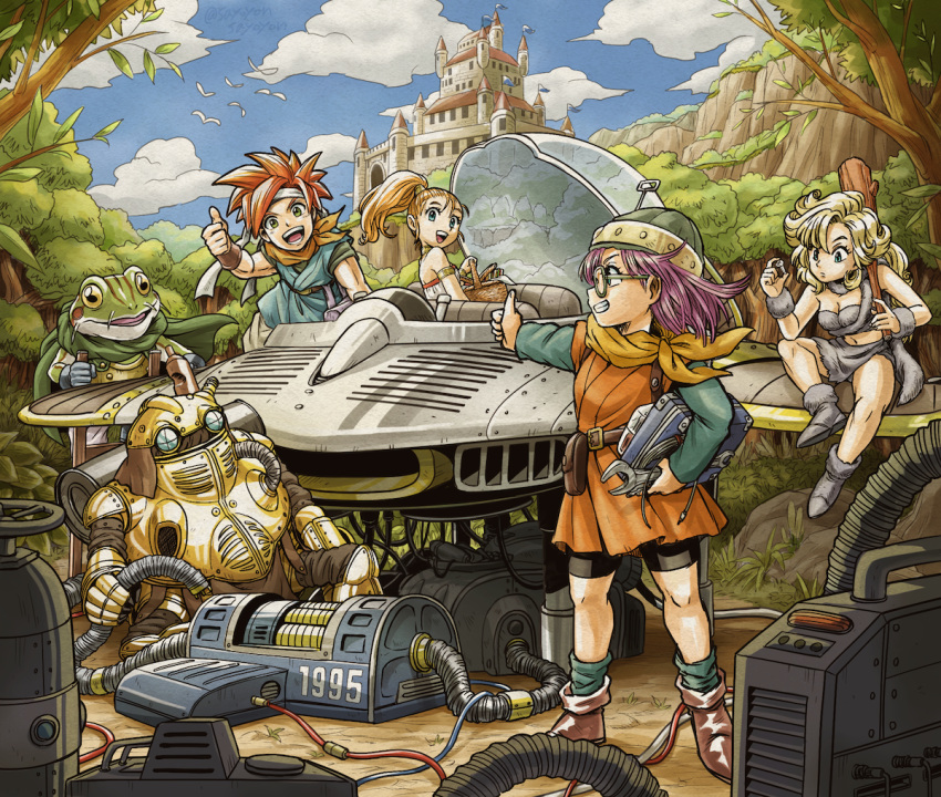 3girls ayla_(chrono_trigger) blonde_hair blue_eyes breasts castle chrono_trigger clouds crono_(chrono_trigger) frog_(chrono_trigger) glasses headband helmet jewelry long_hair lucca_ashtear marle_(chrono_trigger) multiple_boys multiple_girls open_mouth purple_hair robo_(chrono_trigger) robot sayoyonsayoyo scarf short_hair smile