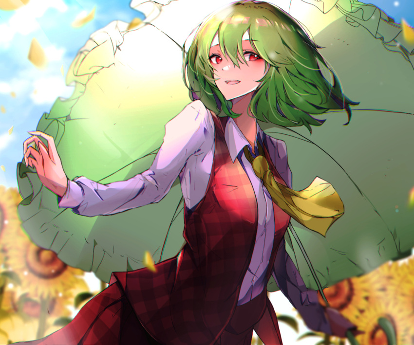 1girl :d ascot center_frills closed_mouth collared_shirt cowboy_shot day eyebrows_visible_through_hair falling_petals flower frills garden_of_the_sun green_hair hand_in_hair kazami_yuuka krs_(kqrqsi) long_sleeves looking_to_the_side open_mouth petals plaid plaid_skirt plaid_vest red_eyes red_skirt red_vest shirt short_hair skirt smile solo standing sunflower touhou vest white_shirt wing_collar yellow_ascot