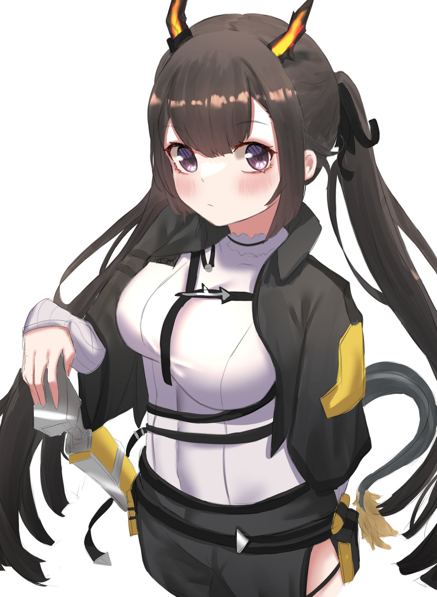 1girl absurdres arknights arknights:_endfield bangs black_hair black_jacket blush breasts chewycandy commentary_request endfield_dragon_girl_(arknights) eyebrows_visible_through_hair highres horns jacket large_breasts long_hair long_sleeves looking_at_viewer shirt simple_background solo twintails upper_body violet_eyes white_background white_shirt