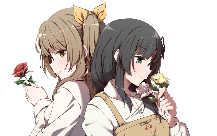 2girls assault_lily back-to-back bangs black_hair bow brown_dress closed_mouth collared_shirt commentary_request dress eyebrows_visible_through_hair fingernails flower flower_knot from_side green_eyes hair_bow hair_ornament hair_over_shoulder hair_scrunchie hand_up heterochromia highres holding holding_flower kuo_shenlin light_brown_hair light_smile long_dress long_hair looking_at_another looking_at_flowers looking_at_object looking_to_the_side low_ponytail multiple_girls one_side_up orange_bow pinafore_dress precision profile red_eyes red_flower red_rose rose scrunchie shirt side_ponytail sideways_glance simple_background upper_body wang_yujia white_background white_scrunchie white_shirt yellow_eyes yellow_flower yellow_rose