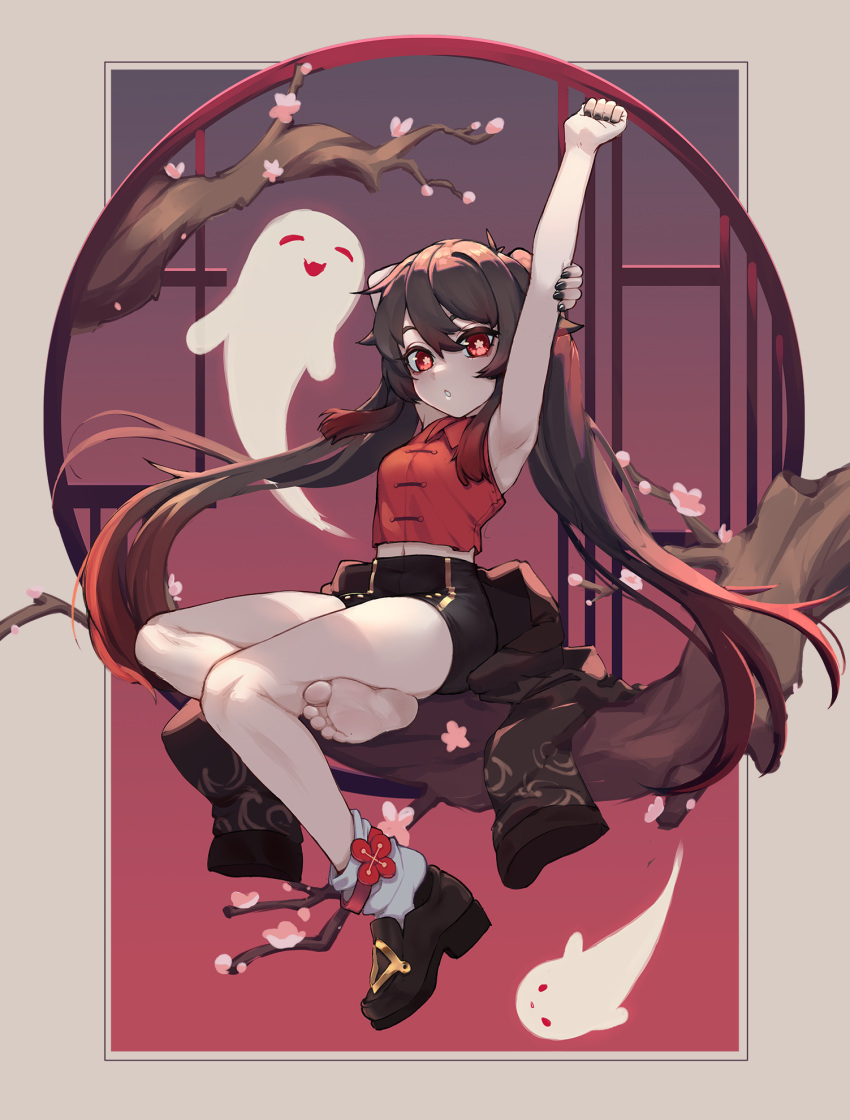 1girl arm_up armpits bare_arms barefoot black_nails black_shorts branch brown_hair chinese_clothes feet genshin_impact ghost highres hu_tao_(genshin_impact) k-rha's legs looking_at_viewer midriff nail_polish navel parted_lips red_eyes red_shirt shirt shoes short_shorts shorts sitting sleeveless sleeveless_shirt smile socks soles stretch thighs toes twintails