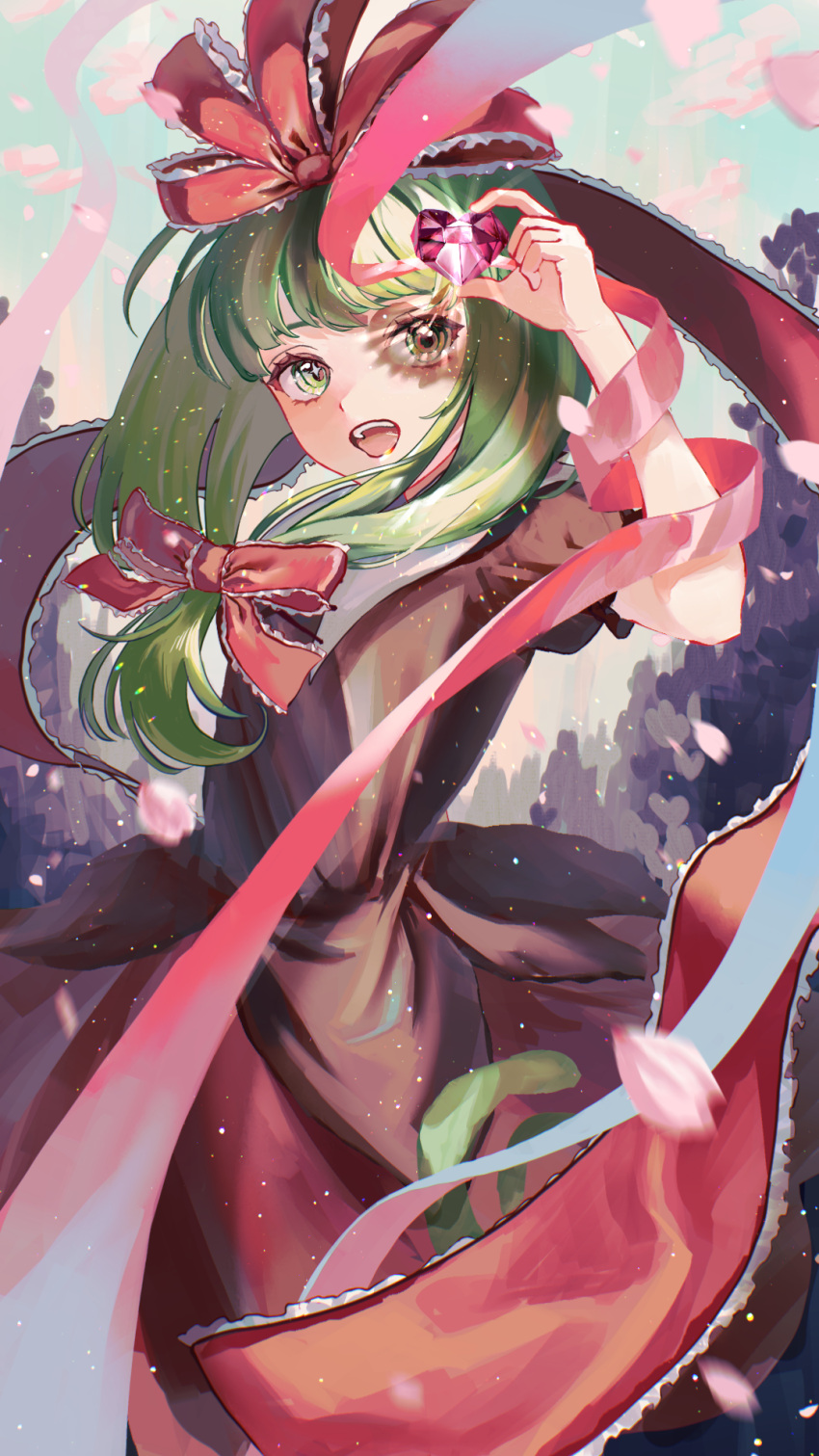 1girl :d bangs blunt_bangs bow breasts brown_dress day dress eyebrows_behind_hair feet_out_of_frame front_ponytail gem glint green_eyes green_hair hair_bow hair_ribbon hand_up heart highres holding holding_gem kagiyama_hina long_hair looking_at_object motion_blur nemari_(user_wtca7244) open_mouth outdoors puffy_short_sleeves puffy_sleeves red_ribbon ribbon short_sleeves sky small_breasts smile solo teeth touhou upper_teeth