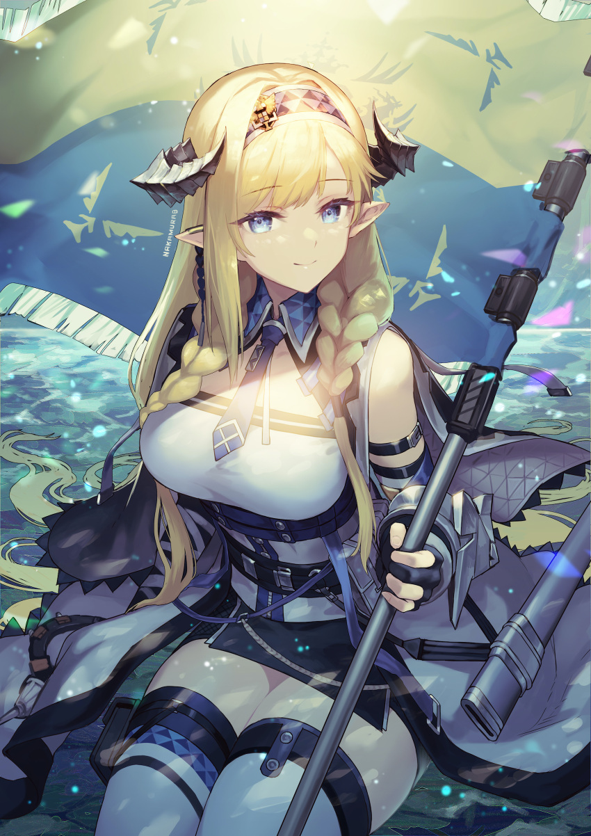 1girl absurdres arknights arm_strap bangs bare_shoulders blonde_hair blue_eyes blue_necktie breasts commentary eyebrows_visible_through_hair flag hairband highres holding holding_flag horns large_breasts long_hair looking_at_viewer nakamura_eight necktie pointy_ears saileach_(arknights) shirt smile solo thigh-highs thighs very_long_hair white_legwear white_shirt