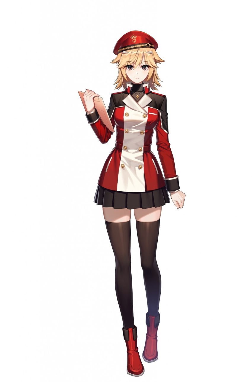 1girl black_legwear black_skirt blonde_hair closed_mouth counter:side full_body grey_eyes hat highres holding jacket long_sleeves looking_at_viewer miniskirt pleated_skirt red_footwear red_headwear shiny shiny_hair short_hair simple_background skindentation skirt smile solo standing tachi-e thigh-highs white_background zettai_ryouiki