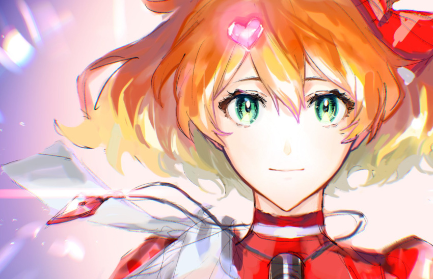 1girl bangs bow freyja_wion glowing green_eyes hair_bow hair_ornament heart heart_hair_ornament highres jewelry lens_flare macross macross_delta macross_delta:_zettai_live!!!!!! mosako necklace orange_hair red_bow short_hair sketch smile solo symbol-only_commentary