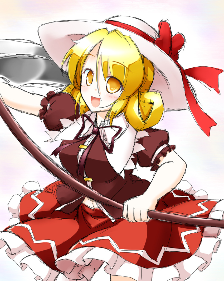 1girl aka_tawashi blonde_hair bow brown_ribbon brown_shirt collared_shirt commentary_request cowboy_shot curly_hair elly_(touhou) frilled_shirt_collar frilled_skirt frills hat hat_bow highres holding holding_scythe puffy_short_sleeves puffy_sleeves red_bow red_skirt ribbon scythe shirt short_sleeves simple_background skirt sun_hat touhou touhou_(pc-98) white_background white_headwear yellow_eyes