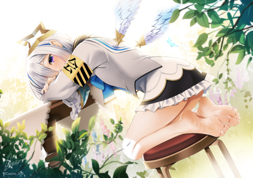 1girl amane_kanata angel angel_wings arm_pillow armband bangs bare_legs barefoot black_skirt blue_hair casino_(casinoep) feet frilled_skirt frilled_sleeves frills full_body grey_jacket halo hololive jacket long_sleeves looking_at_viewer multicolored_hair plant shirt short_hair signature silver_hair skirt soles solo star_halo streaked_hair table toes twitter_username violet_eyes virtual_youtuber white_shirt wings