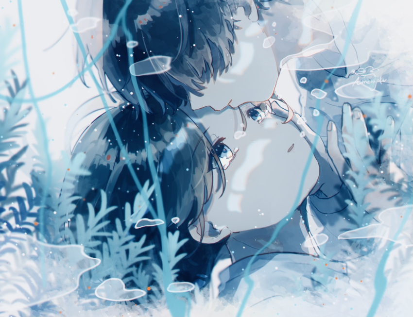 1boy 1other artist_name bangs black_hair blue_eyes blue_theme bubble close-up closed_mouth commentary_request crying crying_with_eyes_open eyebrows_visible_through_hair hair_over_eyes hand_on_another's_chest looking_at_another open_mouth original parted_bangs plant rainydays_1122 short_hair signature tears underwear upper_body