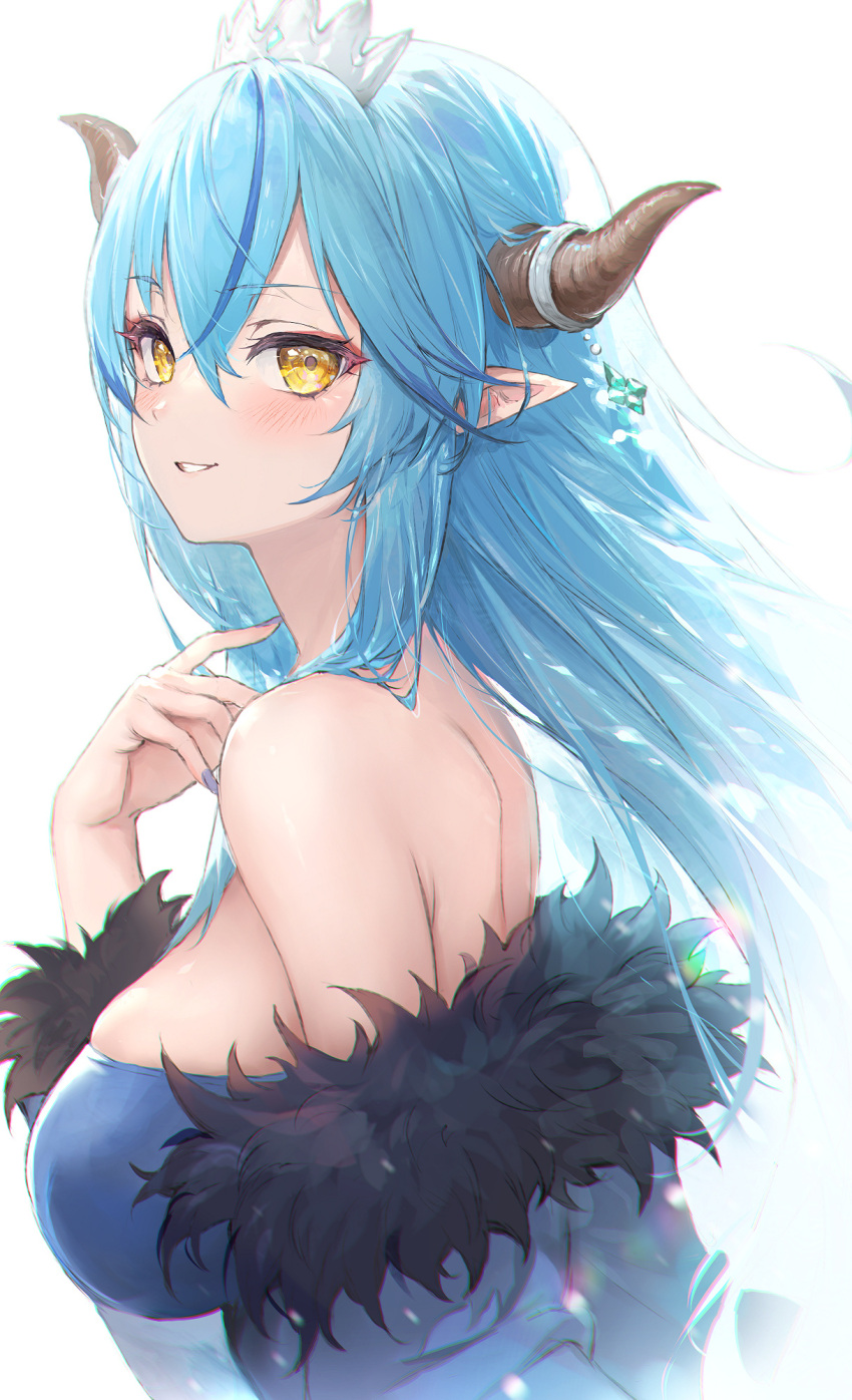 1girl bangs bare_shoulders blue_hair blue_nails blush breasts demon_horns eyebrows_visible_through_hair from_side fur_trim hair_between_eyes hand_up haoni highres hololive horn_ornament horns large_breasts long_hair looking_at_viewer looking_to_the_side multicolored_hair nail_polish parted_lips pointy_ears simple_background smile solo streaked_hair tiara upper_body virtual_youtuber white_background yellow_eyes yukihana_lamy