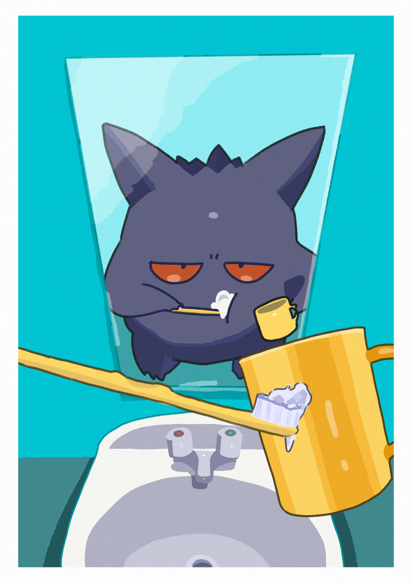 absurdres border brushing_teeth commentary_request cup faucet foam gengar highres holding holding_cup holding_toothbrush mirror no_humans pokemon pokemon_(creature) reflection saiku_(zvlku) sink solo toothbrush white_border