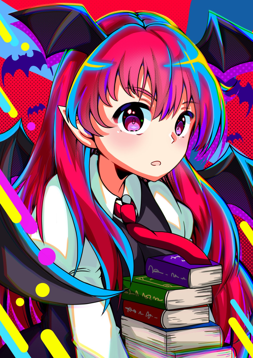 1girl absurdres animal_print bangs bat_print bat_wings black_vest blush book book_stack colorful eyebrows_visible_through_hair hair_between_eyes head_wings highres holding holding_book juliet_sleeves koakuma long_hair long_sleeves looking_at_viewer necktie open_mouth pointy_ears puffy_sleeves red_necktie redhead rimoune2399 solo touhou upper_body very_long_hair vest violet_eyes wing_collar wings