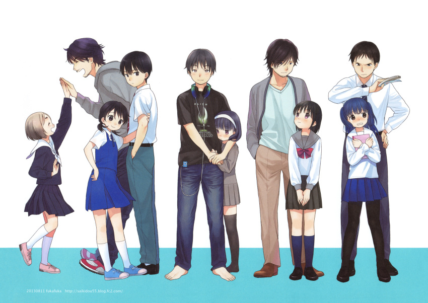 5boys 5girls age_difference alien_(movie) barefoot belt black_eyes black_footwear black_hair black_legwear black_skirt blue_eyes blue_footwear blue_hair blue_neckwear blue_serafuku blue_skirt blush bow bowtie brother_and_sister brown_footwear closed_eyes collared_shirt denim digital_media_player facial_hair full_body goatee gradient_hair grey_eyes grey_shirt grey_skirt hairband headphones headphones_around_neck high_five highres holding holding_another's_arm holding_hands holding_notebook hug jeans kneehighs light_brown_hair loafers long_sleeves looking_at_another low_twintails medium_hair multicolored_hair multiple_boys multiple_girls neck_ribbon necktie no_shoes non-web_source notebook open_mouth original pants pantyhose pink_footwear pleated_skirt profile red_footwear red_neckwear ribbon sailor_collar scan school_uniform sekiya_asami serafuku shirt shoes short_hair short_sleeves siblings skirt smile sneakers t-shirt thigh-highs twintails two-tone_background violet_eyes wavy_mouth white_legwear white_shirt zettai_ryouiki