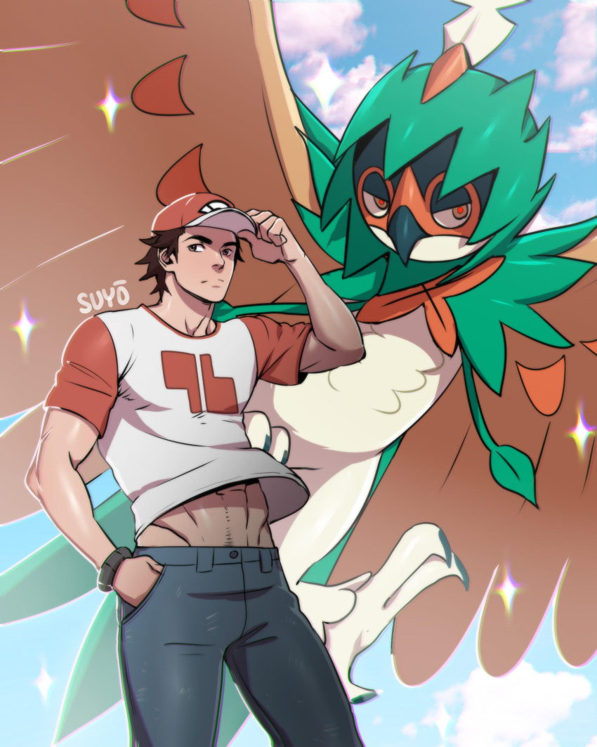 1boy abs absurdres baseball_cap brown_hair closed_mouth clouds commentary day decidueye frown hand_in_pocket hand_on_headwear hand_up hat highres looking_to_the_side male_focus orange_headwear outdoors pants pokemon pokemon_(creature) pokemon_(game) pokemon_sm red_(pokemon) shiny shiny_skin shirt short_hair short_sleeves signature sky sparkle spiky_hair split_mouth suyohara t-shirt wind wind_lift