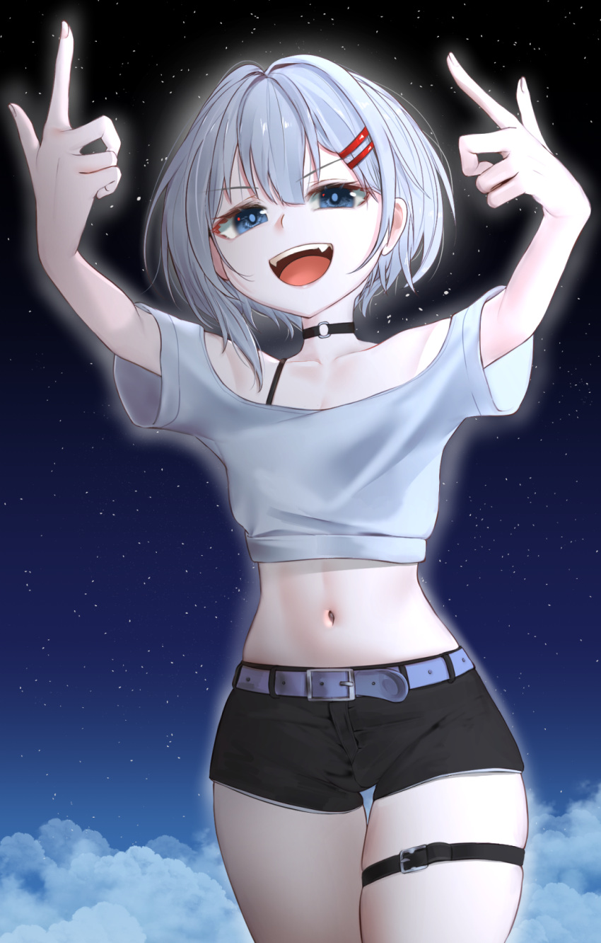 1girl above_clouds arms_up belt belt_buckle black_choker black_shorts blue_eyes bra_strap braco buckle choker clouds collarbone cowboy_shot crop_top eyebrows_visible_through_hair fangs finger_gun glowing hair_between_eyes hair_ornament hairclip highres looking_at_viewer midriff navel night night_sky o-ring o-ring_choker off-shoulder_shirt off_shoulder open_mouth rurine_luna shirt short_hair short_shorts shorts silver_hair sky smile smug solo star_(sky) starry_sky stomach teeth thigh_gap thigh_strap thighs upper_teeth v-shaped_eyebrows virtual_youtuber wactor_production white_belt white_shirt