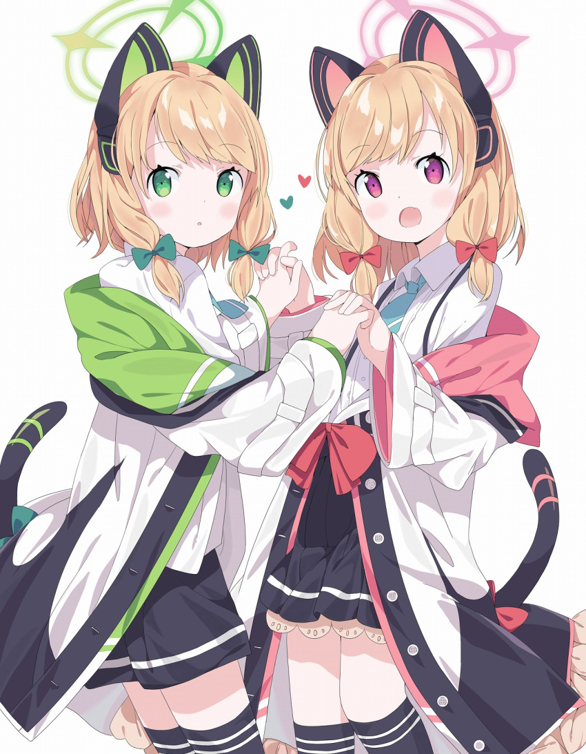 2girls :o animal_ears bangs black_legwear black_shorts black_skirt blonde_hair blue_archive blue_bow blue_necktie blush bow cat_ear_headphones collared_shirt commentary_request dress_shirt eyebrows_visible_through_hair fake_animal_ears fang frilled_jacket frills green_eyes hair_bow halo headphones heart highres holding_hands interlocked_fingers jacket long_sleeves midori_(blue_archive) momoi_(blue_archive) multiple_girls necktie off_shoulder open_clothes open_jacket open_mouth parted_lips pleated_skirt red_bow shirt short_necktie short_shorts shorts siblings simple_background sisters skirt tail tantan_men_(dragon) thigh-highs twins violet_eyes white_background white_jacket white_shirt wide_sleeves