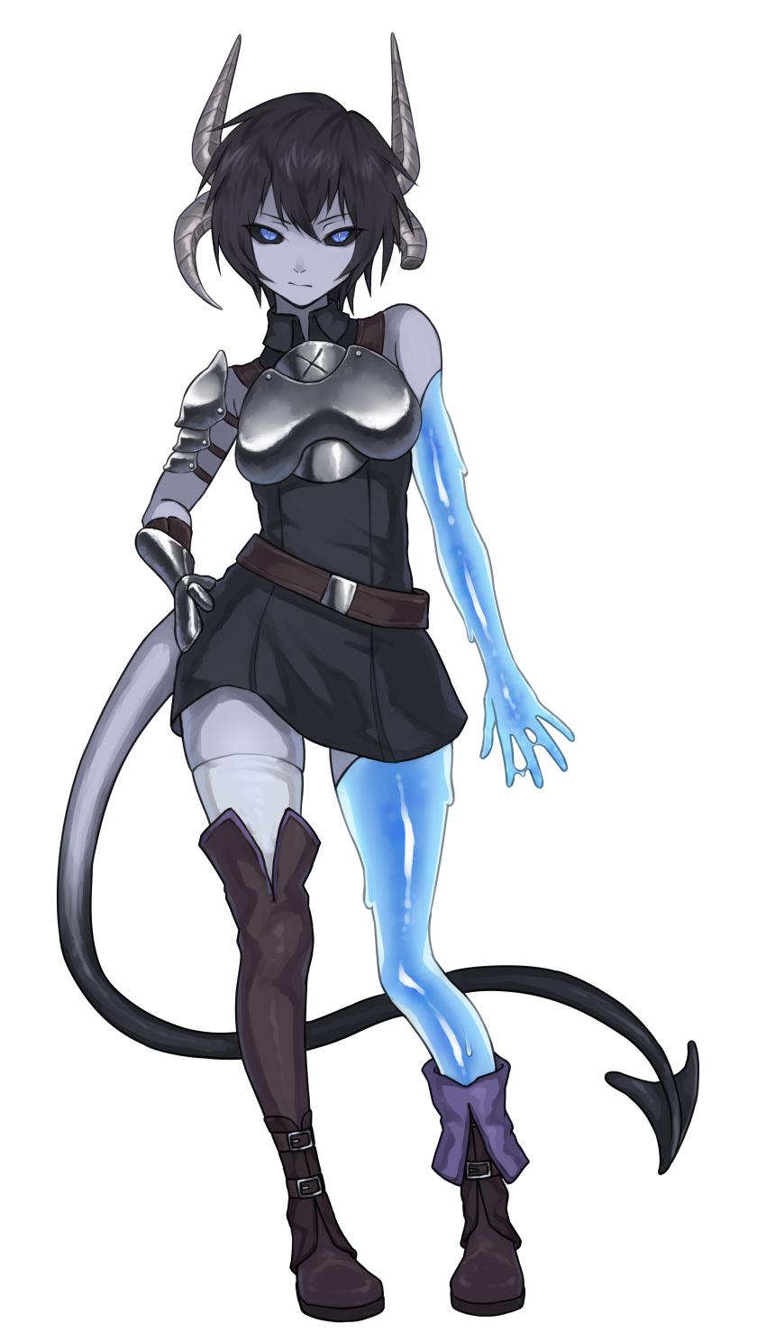 1girl absurdres armor asymmetrical_arms asymmetrical_clothes asymmetrical_limbs black_hair black_sclera blue_eyes boots broken_horn colored_sclera colored_skin commentary_request contrapposto fantasy full_body gauntlets hand_on_hip highres horns looking_at_viewer monster_girl multiple_horns original purple_skin short_hair single_gauntlet single_thigh_boot single_thighhigh slime_(substance) slit_pupils solo standing tail thigh-highs thigh_boots white_background yuritopia