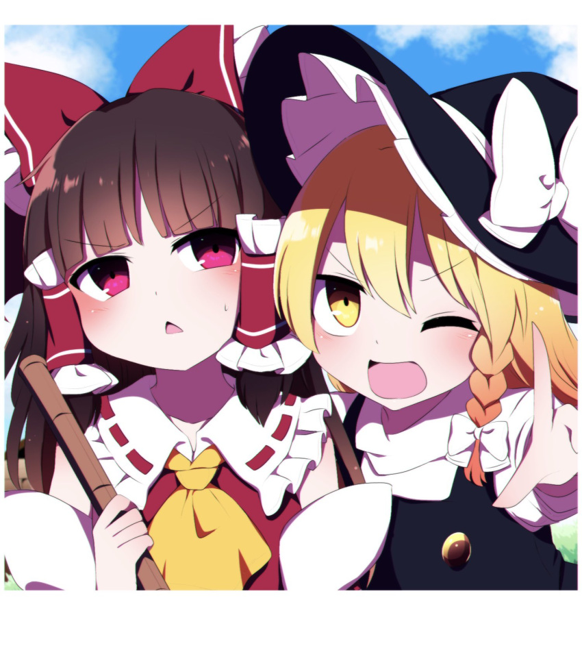 2girls ;d ascot bangs black_headwear blonde_hair blue_sky bow braid brown_hair detached_sleeves eyebrows_visible_through_hair hair_bow hakurei_reimu highres holding kirisame_marisa looking_at_viewer multiple_girls one_eye_closed open_mouth outdoors red_bow red_eyes side_braid single_braid sky smile sweatdrop touhou triangle_mouth upper_body v-shaped_eyebrows white_bow yellow_ascot yellow_eyes you_(noanoamoemoe)