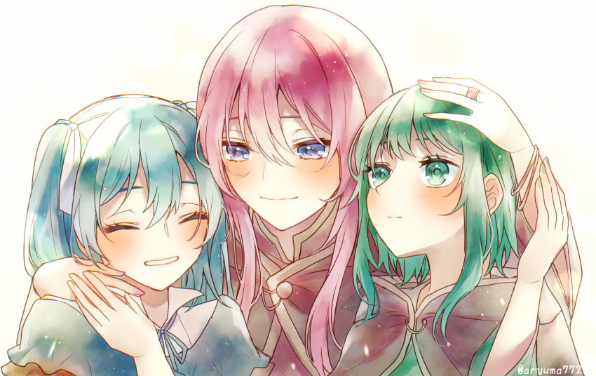 3girls aryuma772 blue_eyes blue_hair blue_shirt blush bracelet brown_cape cape closed_eyes closed_mouth green_eyes green_hair green_nails grin gumi hair_ribbon hand_on_another's_head hand_on_another's_neck hand_on_hand hatsune_miku highres jewelry long_hair megurine_luka multiple_girls nail_polish pink_hair ribbon ring shiny shiny_hair shirt smile straight_hair twintails twitter_username upper_body vocaloid white_background white_ribbon