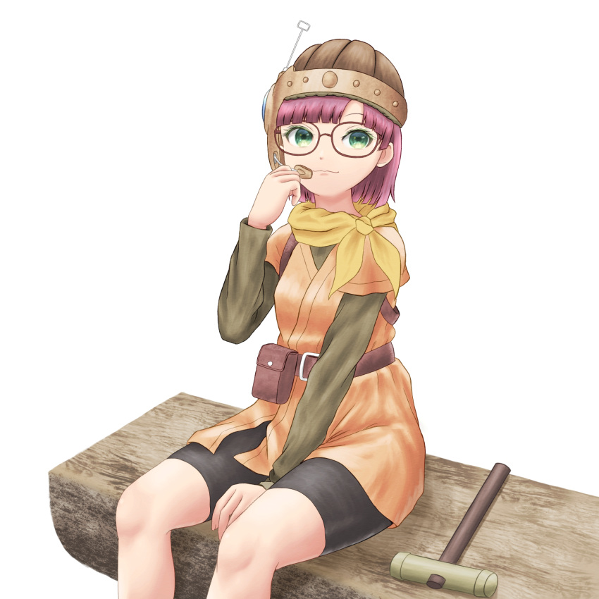 1girl belt bike_shorts chrono_trigger closed_mouth glasses green_eyes hammer helmet highres hoposyoi looking_at_viewer lucca_ashtear purple_hair scarf short_hair smile solo weapon white_background