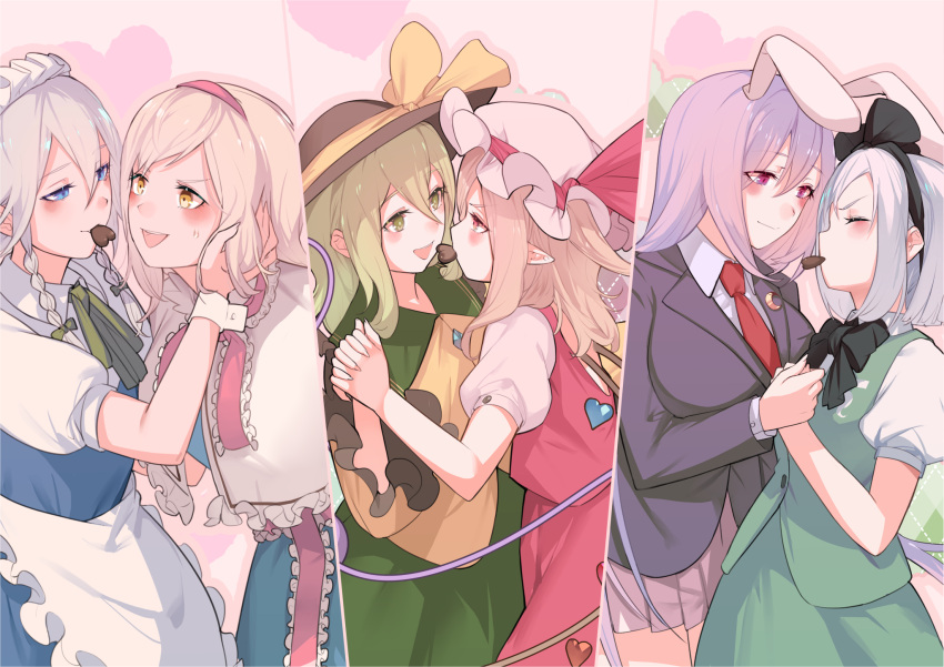 6+girls alice_margatroid animal_ears apron bangs blazer blonde_hair blush bob_cut breasts candy chocolate closed_eyes commentary_request crescent crescent_pin eye_contact flandre_scarlet food frilled_apron frilled_sleeves frills green_hair hand_on_another's_face heart heart-shaped_chocolate highres holding_hands imminent_kiss izayoi_sakuya jacket komeiji_koishi large_breasts light_purple_hair looking_at_another mouth_hold multiple_girls necktie nervous pointy_ears puffy_short_sleeves puffy_sleeves rabbit_ears red_eyes red_necktie reisen_udongein_inaba shirt short_hair short_sleeves silver_hair smile soku_(bluerule-graypray) standing suit_jacket sweatdrop touhou valentine waist_apron white_apron white_shirt wide_sleeves wrist_cuffs yellow_eyes yuri