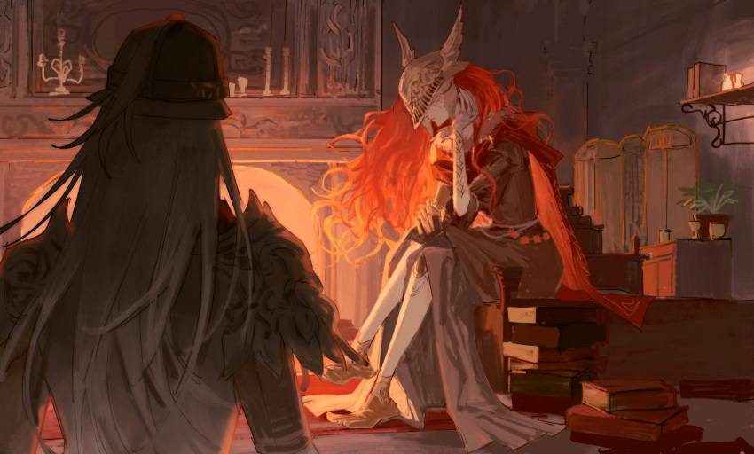 1boy 1girl absurdres armor bloody_wolf_(elden_ring) book book_stack brown_dress cape closed_mouth detnuah31 dress elden_ring fireplace from_behind full_armor grey_hair hand_up helmet highres indoors long_hair malenia_blade_of_miquella red_cape redhead sitting winged_helmet