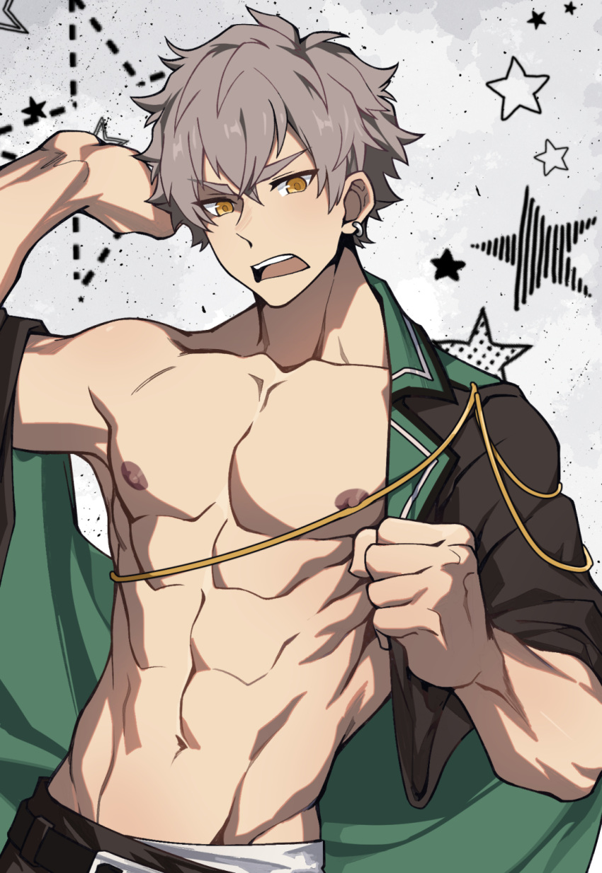 1boy clenched_hand clothes_removed collarbone earrings ensemble_stars! eyebrows_visible_through_hair green_jacket grey_background grey_hair hair_between_eyes highres jacket jewelry looking_at_viewer male_focus nipples oogami_koga open_mouth patient_zero solo star_(symbol) teeth toned toned_male yellow_eyes
