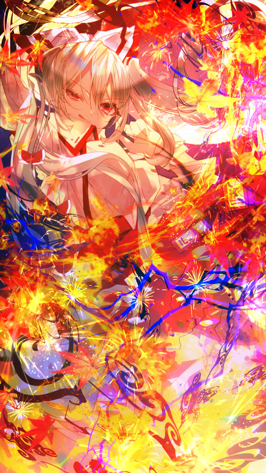1girl arm_up autumn_leaves bangs bow breasts closed_mouth collared_shirt commentary_request eyebrows_visible_through_hair eyelashes eyes_visible_through_hair fire flying fujiwara_no_mokou grey_hair hair_between_eyes hair_bow hands_up highres leaf long_hair long_sleeves looking_up medium_breasts multicolored_bow pants pink_shirt red_bow red_eyes red_pants red_theme shirt solo tongue tongue_out touhou white_bow