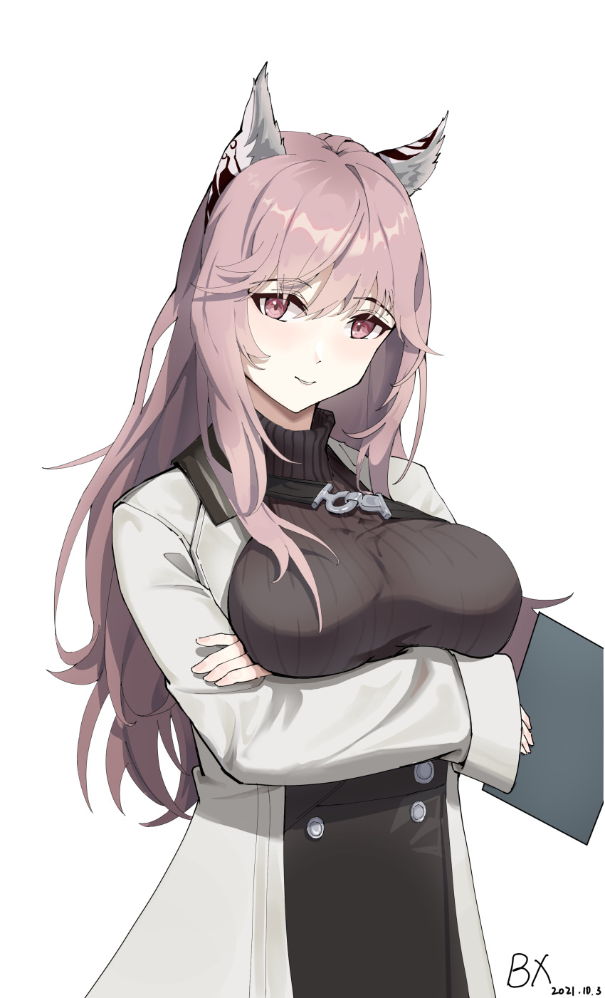 1girl absurdres animal_ear_fluff animal_ears artist_name bangs black_skirt blush breasts brown_sweater closed_mouth crossed_arms dated eyebrows_visible_through_hair girls'_frontline_neural_cloud girls_frontline highres holding holding_notepad large_breasts long_hair looking_at_viewer notepad persica_(girls'_frontline) persicaria_(girls'_frontline_nc) pink_eyes pink_hair skirt smile solo standing sweater user_wfpz3258 white_background white_robe