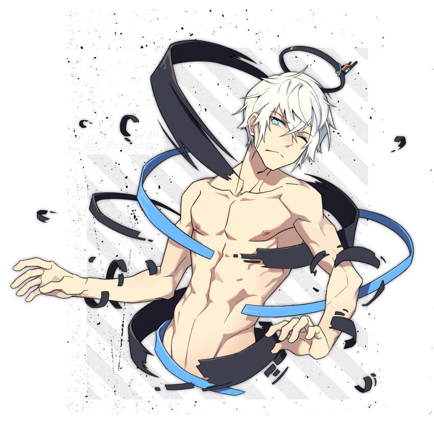 1boy abs arknights collarbone executor_(arknights) eyebrows_visible_through_hair hair_between_eyes light_blue_eyes male_focus nipples one_eye_closed patient_zero solo toned toned_male topless_male white_background white_hair