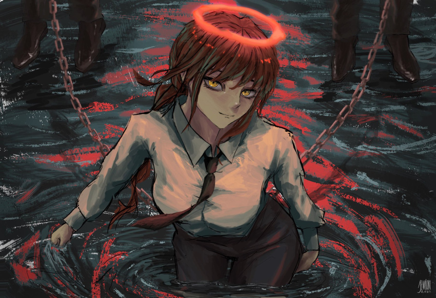 1girl bangs black_necktie black_pants braid braided_ponytail breasts chain chainsaw_man collared_shirt halo highres long_hair long_sleeves looking_at_viewer makima_(chainsaw_man) medium_breasts necktie office_lady pants redhead ringed_eyes shirt smile solo submerged taorotana white_shirt yellow_eyes