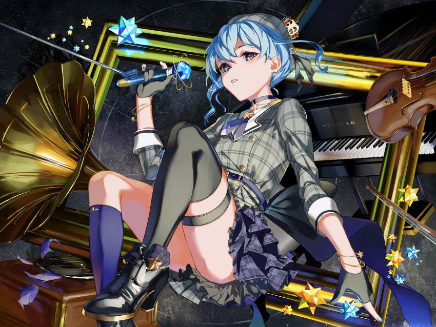 1girl absurdres asymmetrical_legwear bangs beret black_footwear black_gloves black_legwear blue_hair blue_legwear blue_nails dress earrings gloves grey_dress grey_headwear hat high_heels highres holding holding_microphone hololive hoshimachi_suisei instrument jewelry kneehighs long_sleeves looking_at_viewer microphone mismatched_legwear nail_polish parted_lips partially_fingerless_gloves phonograph piano picture_frame plaid plaid_dress plaid_headwear rasa_k single_kneehigh single_thighhigh sky solo star_(sky) star_(symbol) star_earrings starry_sky thigh-highs thigh_strap violin virtual_youtuber