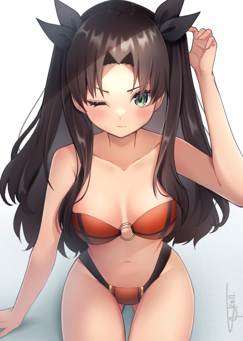 1girl absurdres ass_visible_through_thighs bikini black_ribbon blush breasts breasts_apart brown_hair closed_mouth collarbone commentary_request fate/stay_night fate_(series) green_eyes hair_ribbon highres legs legs_together long_hair looking_at_viewer medium_breasts navel o-ring o-ring_bikini o-ring_top one_eye_closed one_eye_open orange_bikini ribbon signature sitting skoll_world solo swimsuit thigh_gap thighs tohsaka_rin two-sided_fabric