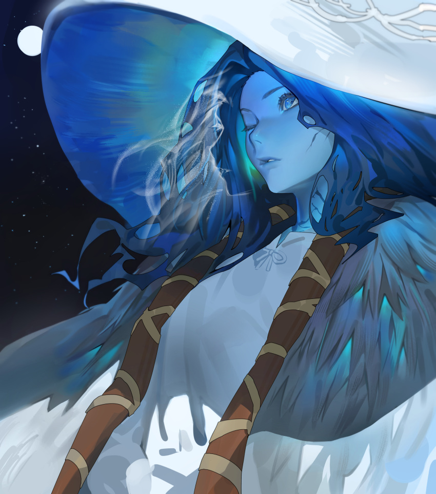 1girl blue_eyes blue_hair blue_lips blue_skin cloak colored_skin commentary cracked_skin dress elden_ring english_commentary extra_faces fur_cloak hat highres hood_(james_x) lips long_hair looking_up magic moon night night_sky one_eye_closed parted_lips ranni_the_witch sky solo star_(sky) upper_body white_dress white_headwear witch witch_hat