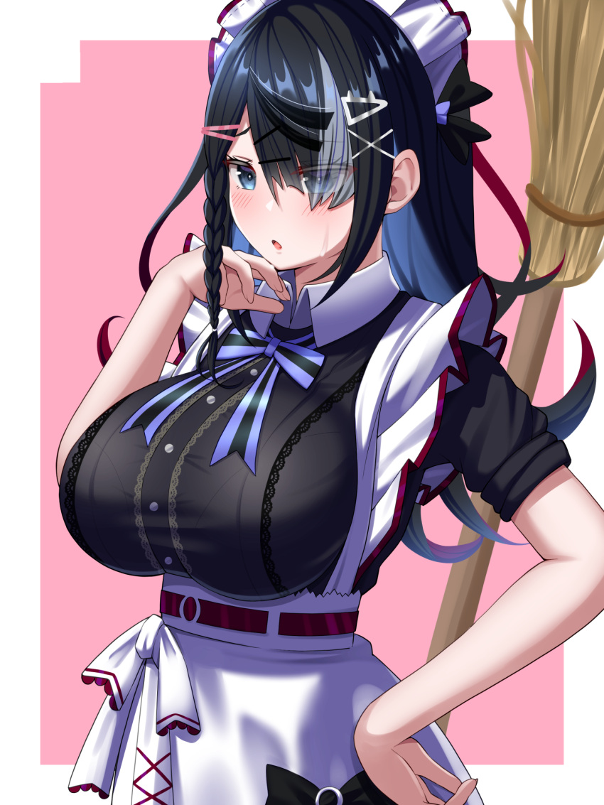 1girl alternate_costume apron black_hair black_shirt blue_bow blue_bowtie blue_eyes blush bow bowtie braid breasts broom buisen buttons center_frills collared_shirt cowboy_shot enmaided eyes_visible_through_hair frills hair_ornament hair_over_one_eye hairclip hand_on_hip highres impossible_clothes impossible_shirt large_breasts long_bangs long_hair looking_at_viewer maid maid_headdress multicolored_hair nekojima pink_background shirt side_braid sleeves_rolled_up solo streaked_hair sweat underbust virtual_youtuber waist_apron white_apron yashiki_ciel
