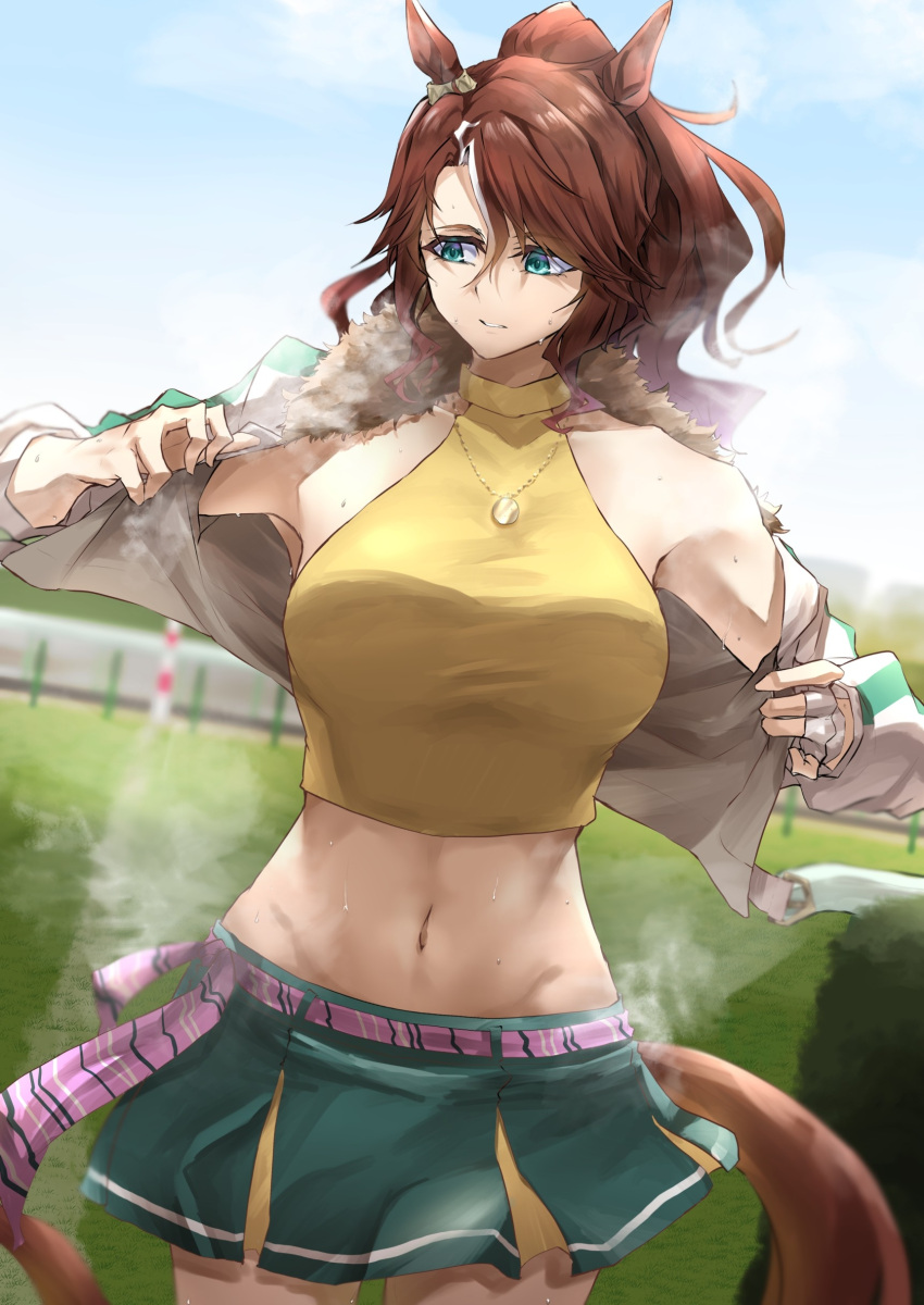 1girl absurdres animal_ears aqua_eyes armpits bangs bare_shoulders blue_sky breasts brown_hair clouds collarbone commentary_request cowboy_shot crop_top day dutch_angle ear_ornament eyebrows_visible_through_hair fingerless_gloves fur-trimmed_jacket fur_trim gloves green_skirt groin hair_between_eyes hair_ornament highres horse_ears horse_girl horse_racing_track horse_tail jacket jewelry large_breasts long_hair looking_to_the_side luna_(gkluna_mas) mejiro_palmer_(umamusume) midriff multicolored_hair navel necklace outdoors parted_lips pleated_skirt ponytail shirt sidelocks skirt sky sleeveless sleeveless_shirt solo standing steam streaked_hair sweat tail taut_clothes taut_shirt umamusume undressing white_gloves white_hair yellow_shirt