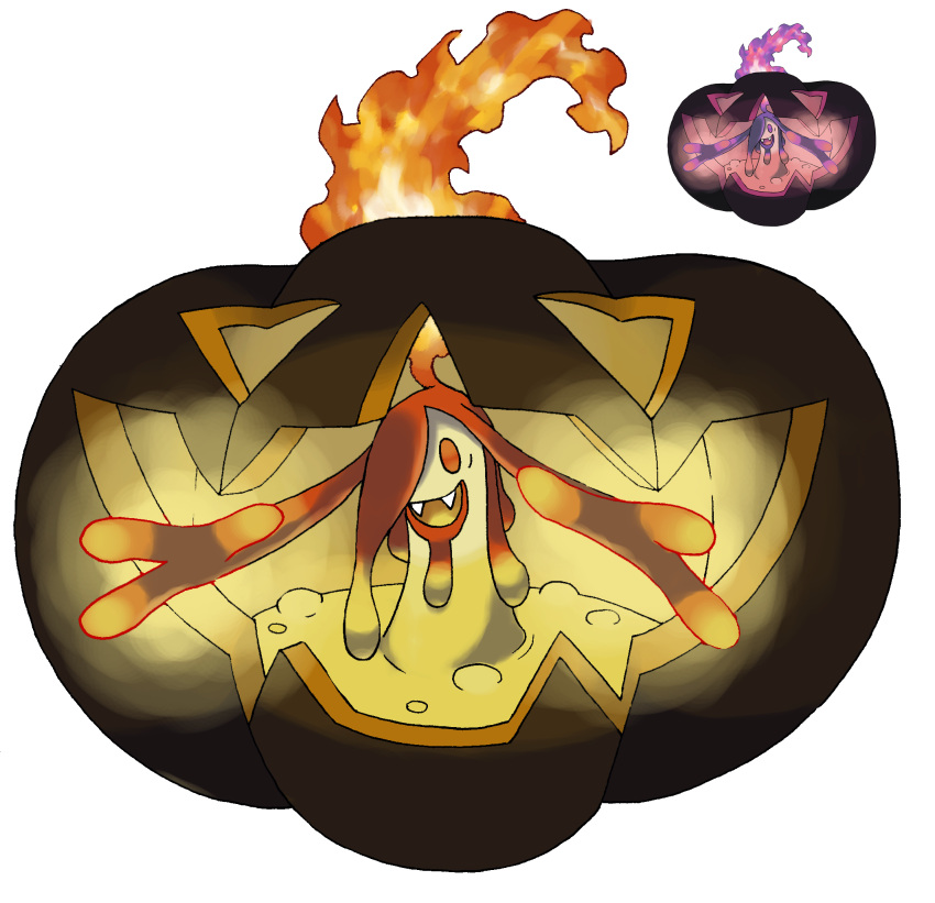alternate_color arms_up commentary dripping english_commentary fakemon fangs fire full_body glowing gourgeist hair_over_one_eye happy highres hyshirey jack-o'-lantern long_hair mega_pokemon no_humans official_style one_eye_covered open_mouth orange_eyes outstretched_arms pokemon pokemon_(creature) prehensile_hair purple_fire purple_hair redhead shiny_pokemon smile transparent_background violet_eyes